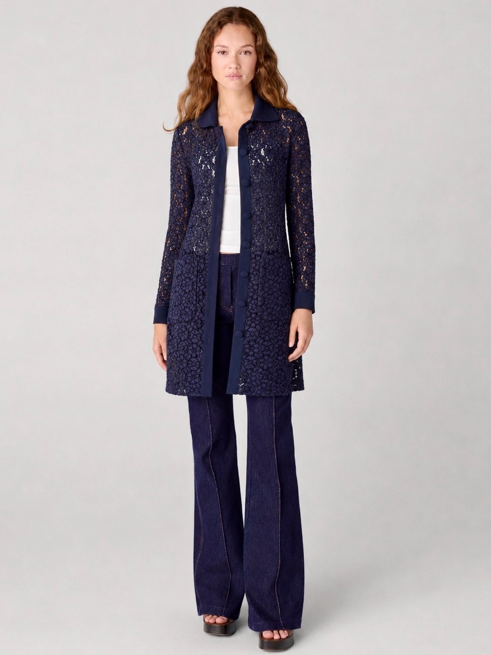 Judith & Charles Navy Blue Lace Long Sleeve Shirt Dress size 4 - Picture 3 of 16